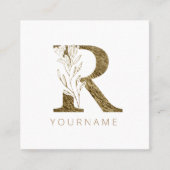 Floral Monogram R Elegant Gold Foliage Vierkante Visitekaartje (Voorkant)