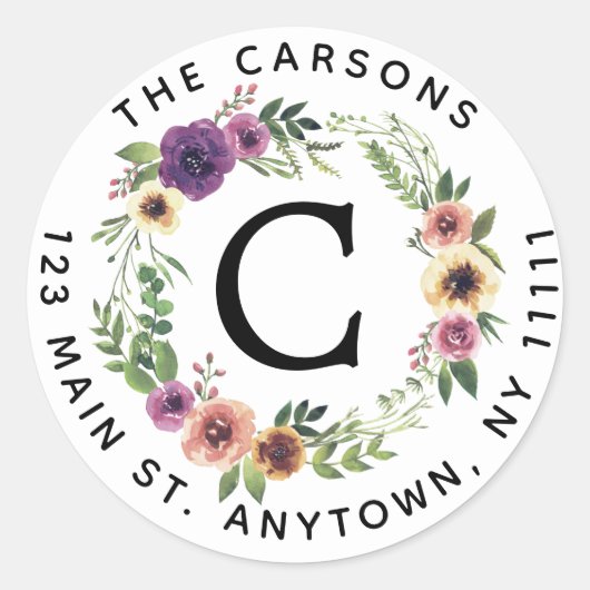 Floral Monogram Rond Terugkeeradresetiket Ronde Sticker (Voorkant)