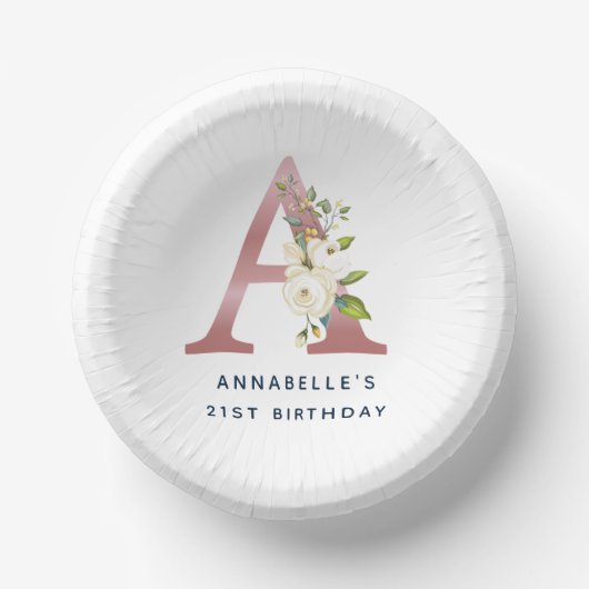 Floral Monogram Roos Gold Initiaal 21e verjaardag Papieren Kommen (Voorkant)