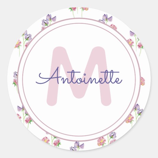  Floral Monogram roze Lavender Aangepaste naam Ronde Sticker (Voorkant)