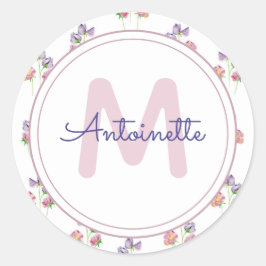  Floral Monogram roze Lavender Aangepaste naam Ronde Sticker