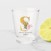 Floral Monogram S Birthday Persoonlijke naam Shot Glas (Voorkant)