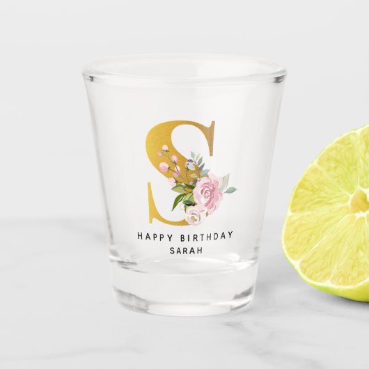 Floral Monogram S Birthday Persoonlijke naam Shot Glas (Voorkant)