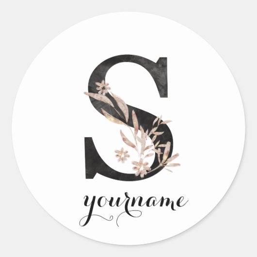 Floral Monogram S Black Gold Flora Ronde Sticker (Voorkant)