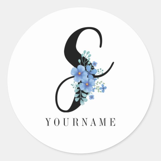 Floral Monogram S Blauwe Bloem Burst Ronde Sticker (Voorkant)