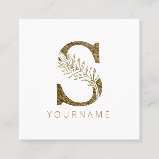 Floral Monogram S Elegant Gold Foliage Vierkante Visitekaartje (Voorkant)