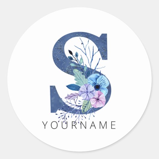 Floral Monogram S Winter Blauwe bloesems Ronde Sticker (Voorkant)