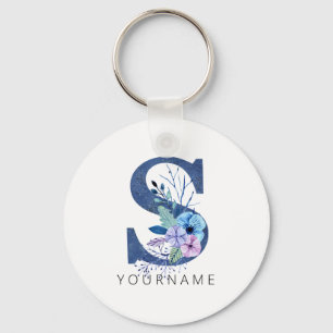 Floral Monogram S Winter Blauwe bloesems Sleutelhanger