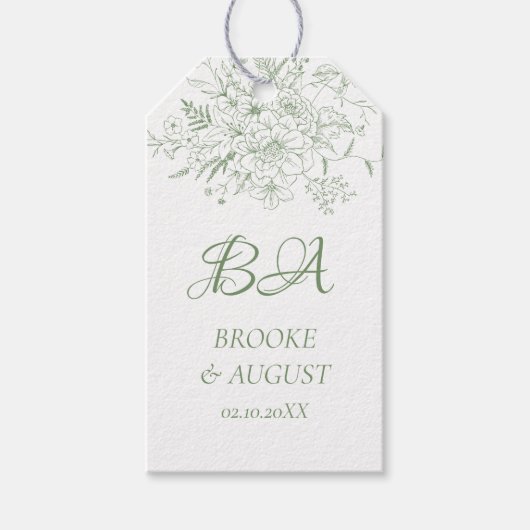 Floral Monogram Sage Green Wedding Cadeaulabel (Voorkant)