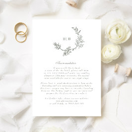 Floral Monogram Sage Groene Krans Bruiloft Details Informatiekaartje