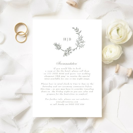 Floral Monogram Sage Groene Krans Bruiloft Details Informatiekaartje
