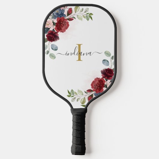Floral Monogram Script Name Initiaal Burgundy Pickleball Paddle (Achterkant)