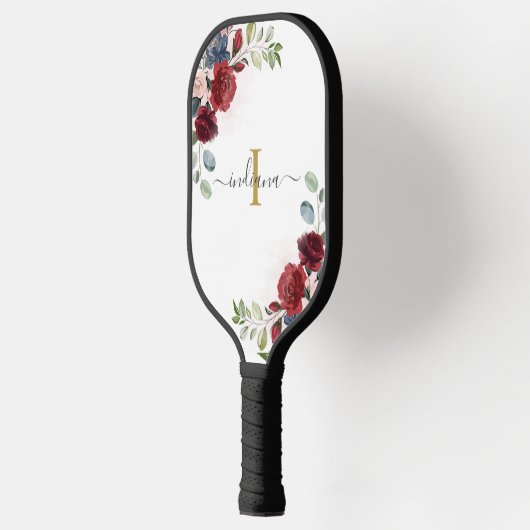 Floral Monogram Script Name Initiaal Burgundy Pickleball Paddle (Links)