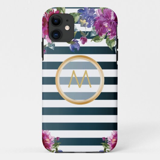 Floral Monogram Striped Blue White Case-Mate iPhone Case (Achterkant)