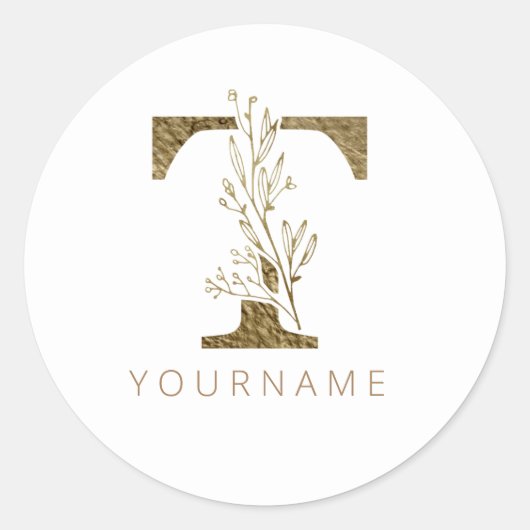 Floral Monogram T Elegant Gold Foliage Ronde Sticker (Voorkant)