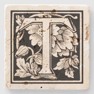 Floral Monogram "T" op het Sepia Square Stenen Onderzetter