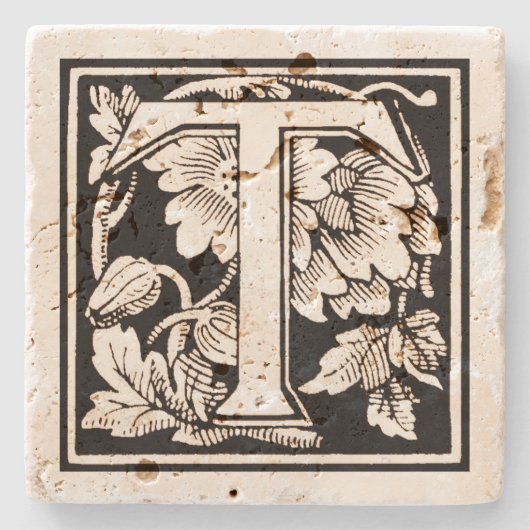 Floral Monogram "T" op het Sepia Square Stenen Onderzetter (Voorkant)