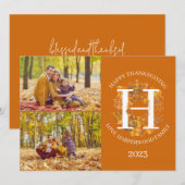 Floral Monogram Thanksgiving Familiefoto Collage Feestdagenkaart (Voorkant / Achterkant)