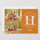 Floral Monogram Thanksgiving Familiefoto Collage Feestdagenkaart (Voorkant)
