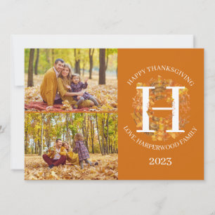 Floral Monogram Thanksgiving Familiefoto Collage Feestdagenkaart