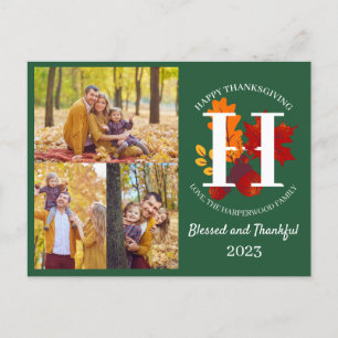Floral Monogram Thanksgiving Familiefoto Collage Feestdagenkaart