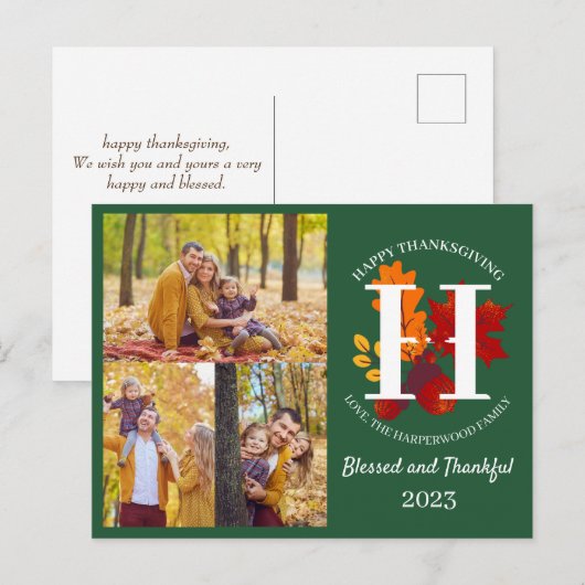 Floral Monogram Thanksgiving Familiefoto Collage Feestdagenkaart (Voorkant / Achterkant)