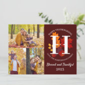 Floral Monogram Thanksgiving Familiefoto Collage Feestdagenkaart (Staand voorkant)
