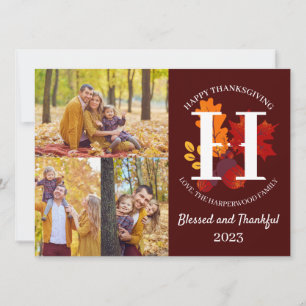 Floral Monogram Thanksgiving Familiefoto Collage Feestdagenkaart