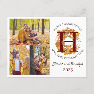 Floral Monogram Thanksgiving Familiefoto Collage Feestdagenkaart