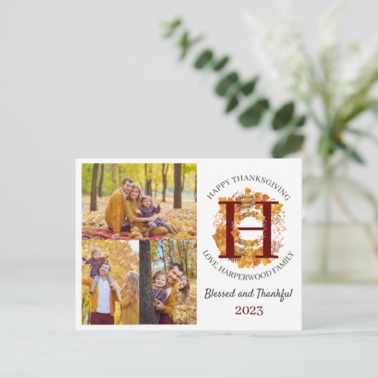 Floral Monogram Thanksgiving Familiefoto Collage Feestdagenkaart (Staand voorkant)
