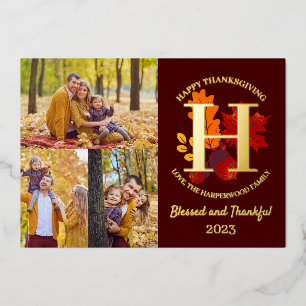 Floral Monogram Thanksgiving Familiefoto Collage Folie Feestdagenkaart