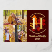 Floral Monogram Thanksgiving Familiefoto Collage Folie Feestdagenkaart (Voorkant)