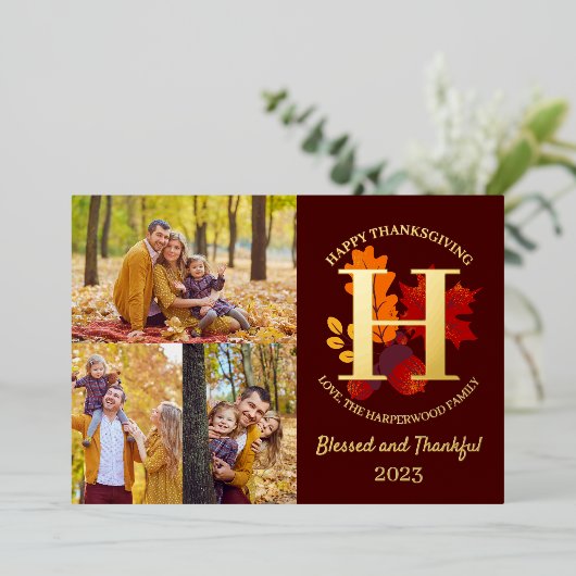 Floral Monogram Thanksgiving Familiefoto Collage Folie Feestdagenkaart (Staand Voorkant)