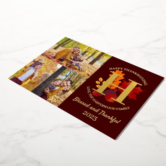 Floral Monogram Thanksgiving Familiefoto Collage Folie Feestdagenkaart (Gedraaid)