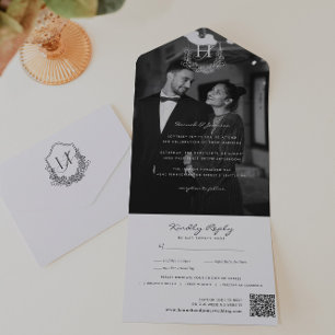 Floral Monogram Trouwfoto QR Code All In One Uitnodiging
