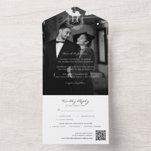 Floral Monogram Trouwfoto QR Code All In One Uitnodiging (Binnen)