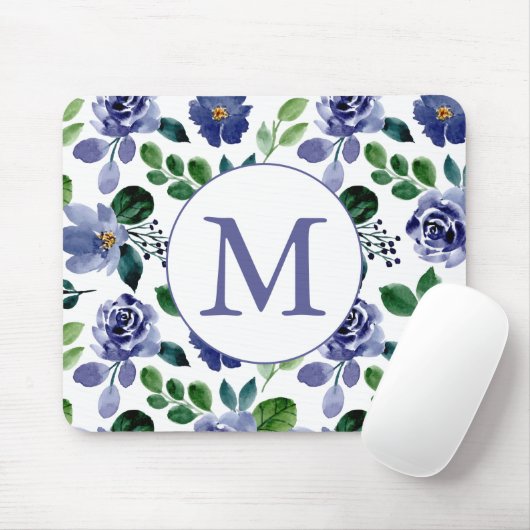 Floral-monogram van de Roestische marineblauwe Wat Muismat (Met muis)