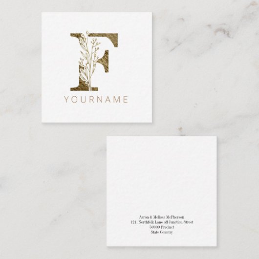 Floral Monogram van Elegant Gold Foliage Vierkante Visitekaartje (Voorkant / Achterkant)