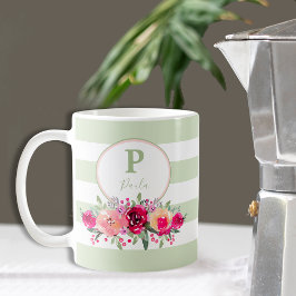 Floral monogram van Hot Pink-Waterverf in Mint Str Koffiemok
