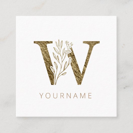 Floral Monogram W Elegant Gold Foliage Vierkante Visitekaartje (Voorkant)