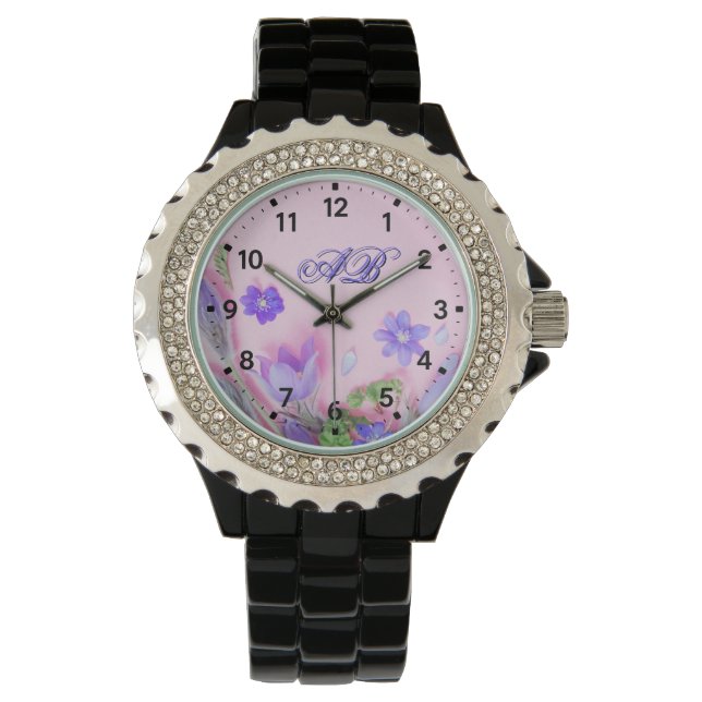 Floral Monogram Watch | Blue Wildflowers Rhineston Horloge (Voorkant)