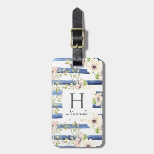 Floral Monogram Waterverf Aangepaste stripes Bagagelabel (Voorkant verticaal)