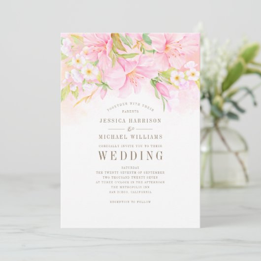 Floral Monogram Waterverf Blush Pink Boho Wedding Kaart (Staand voorkant)