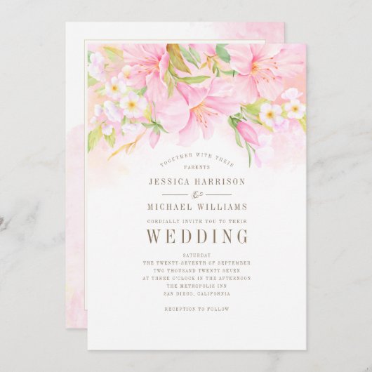 Floral Monogram Waterverf Blush Pink Boho Wedding Kaart (Voorkant / Achterkant)