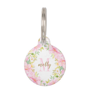 Floral Monogram Waterverf Botanische Blush Roze Huisdierpenning
