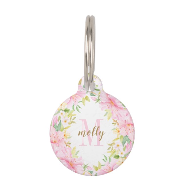 Floral Monogram Waterverf Botanische Blush Roze Huisdierpenning (Voorkant)