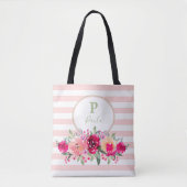 Floral monogram Waterverf op roze strepen Tote Bag (Voorkant)