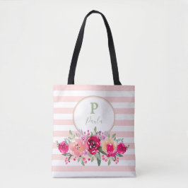 Floral monogram Waterverf op roze strepen Tote Bag