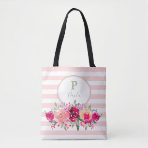 Floral monogram Waterverf op roze strepen Tote Bag