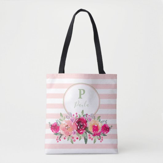 Floral monogram Waterverf op roze strepen Tote Bag (Voorkant)
